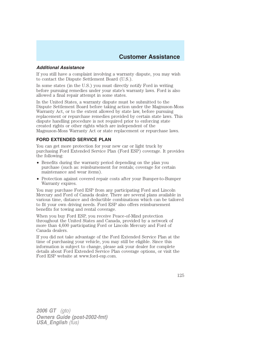 Customer assistance | FORD 2006 GT User Manual | Page 125 / 200