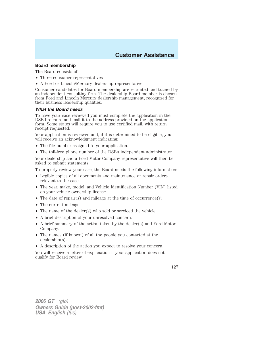 Customer assistance | FORD 2006 GT User Manual | Page 127 / 200