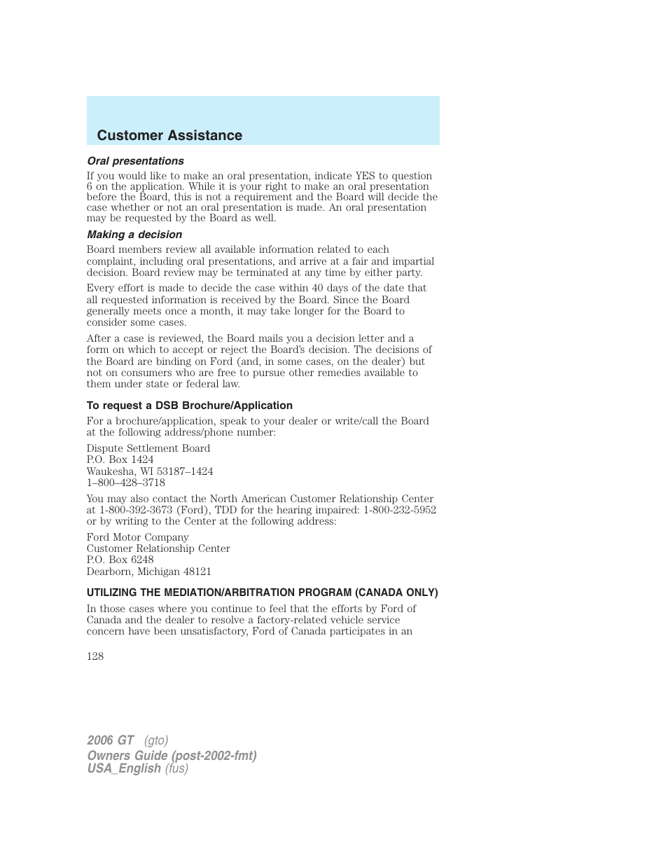 Customer assistance | FORD 2006 GT User Manual | Page 128 / 200
