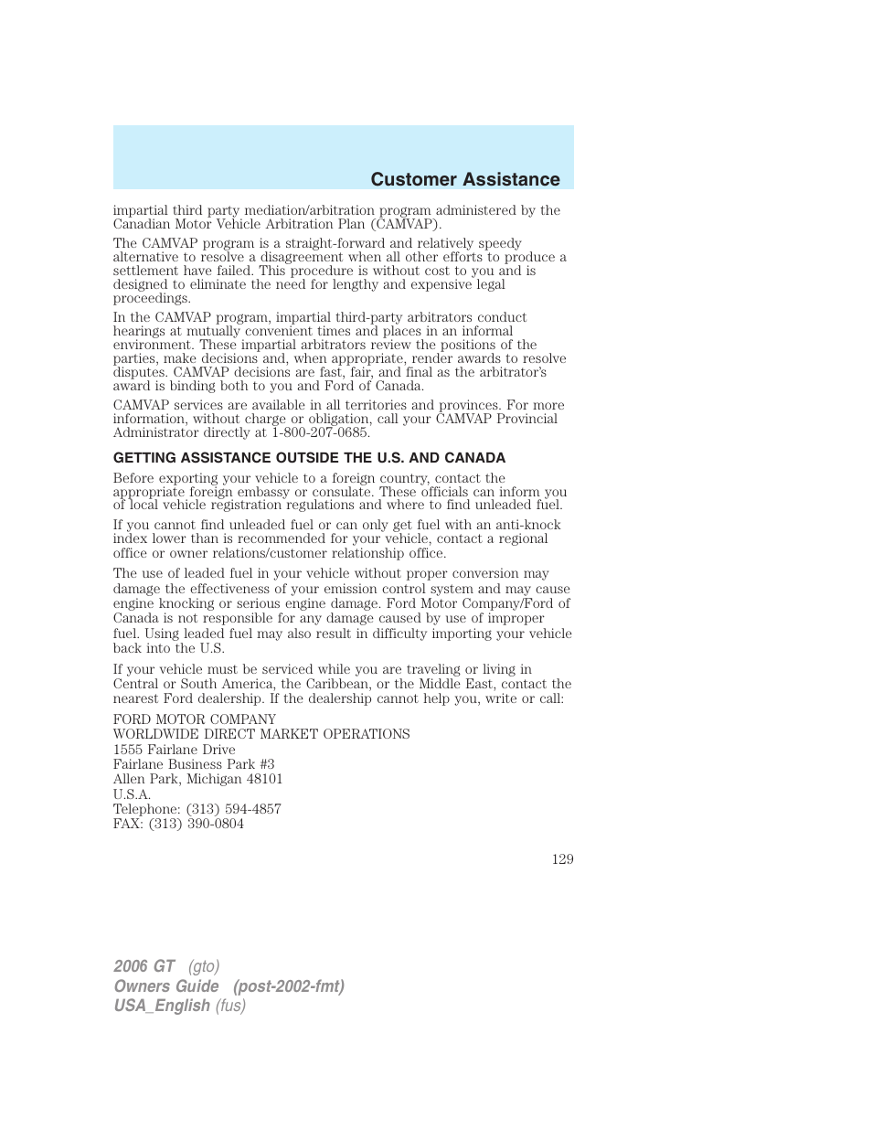 Customer assistance | FORD 2006 GT User Manual | Page 129 / 200