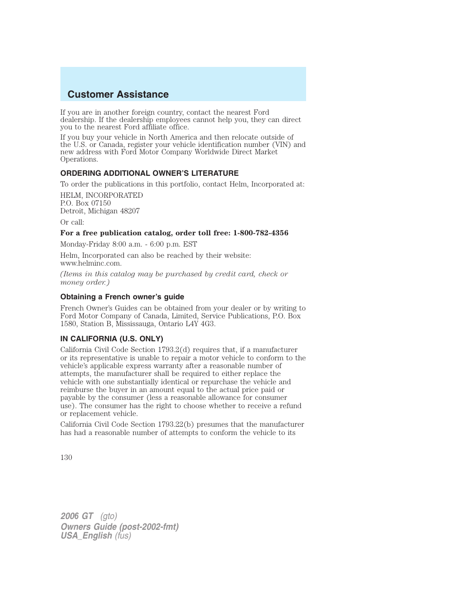 Customer assistance | FORD 2006 GT User Manual | Page 130 / 200