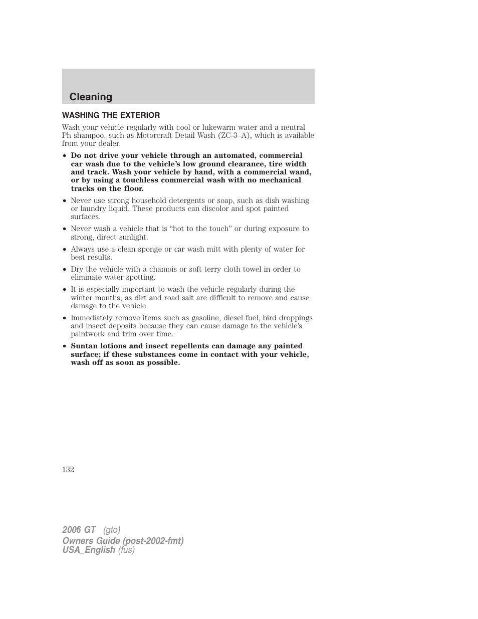 Cleaning | FORD 2006 GT User Manual | Page 132 / 200