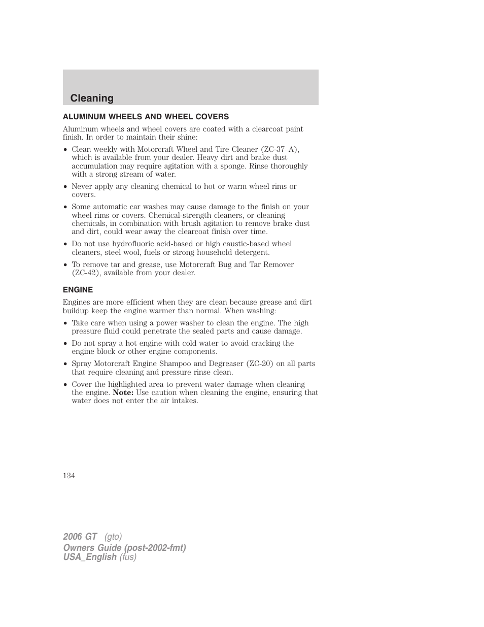 Cleaning | FORD 2006 GT User Manual | Page 134 / 200