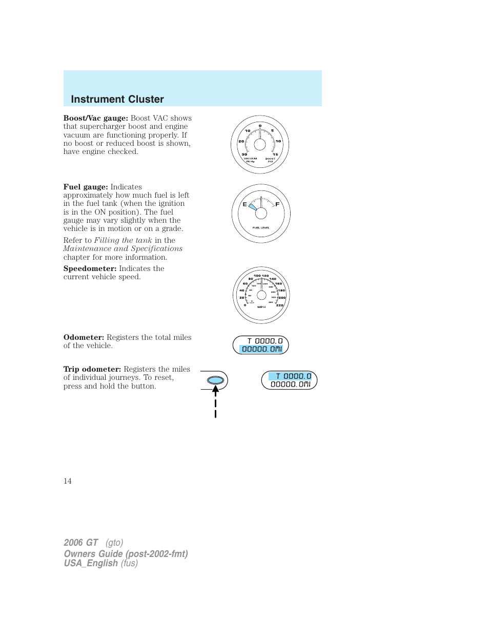 Instrument cluster | FORD 2006 GT User Manual | Page 14 / 200