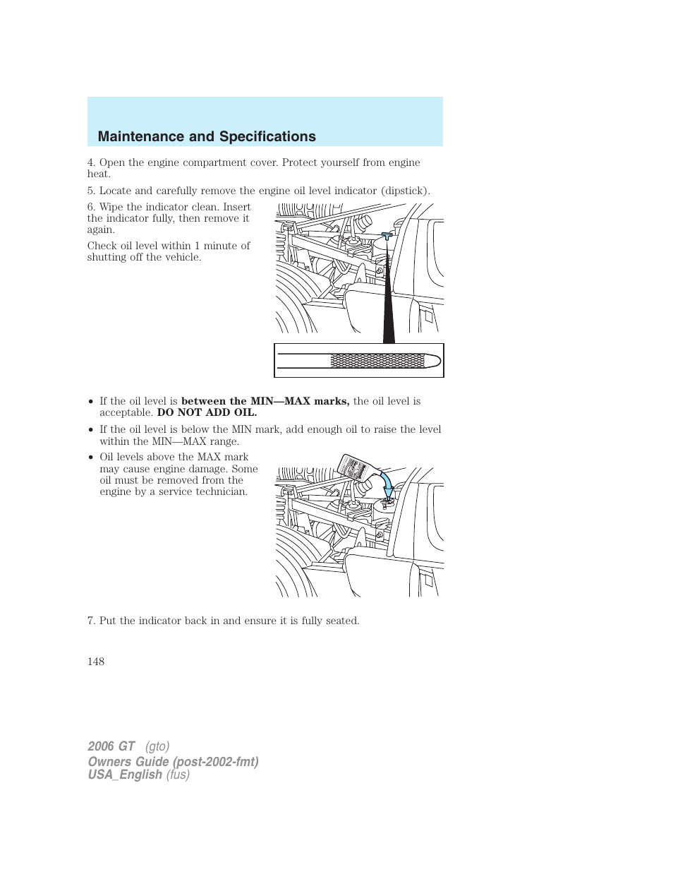 Maintenance and specifications | FORD 2006 GT User Manual | Page 148 / 200