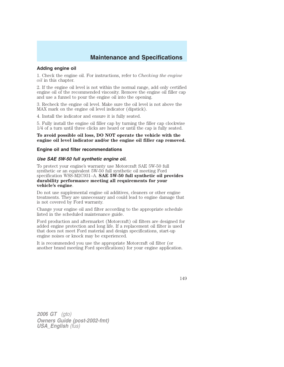 Maintenance and specifications | FORD 2006 GT User Manual | Page 149 / 200