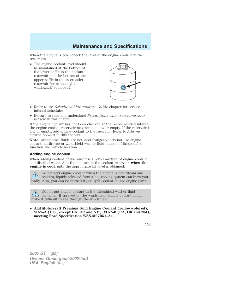 Maintenance and specifications | FORD 2006 GT User Manual | Page 153 / 200