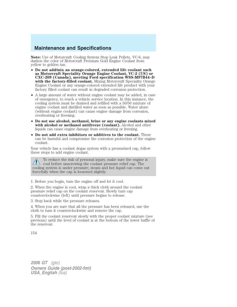 Maintenance and specifications | FORD 2006 GT User Manual | Page 154 / 200