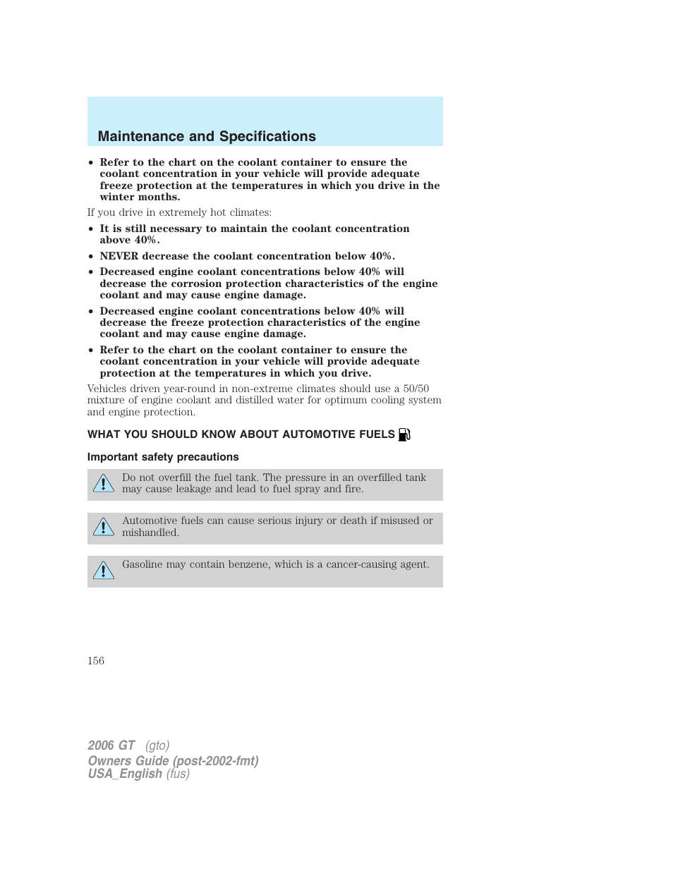 Maintenance and specifications | FORD 2006 GT User Manual | Page 156 / 200