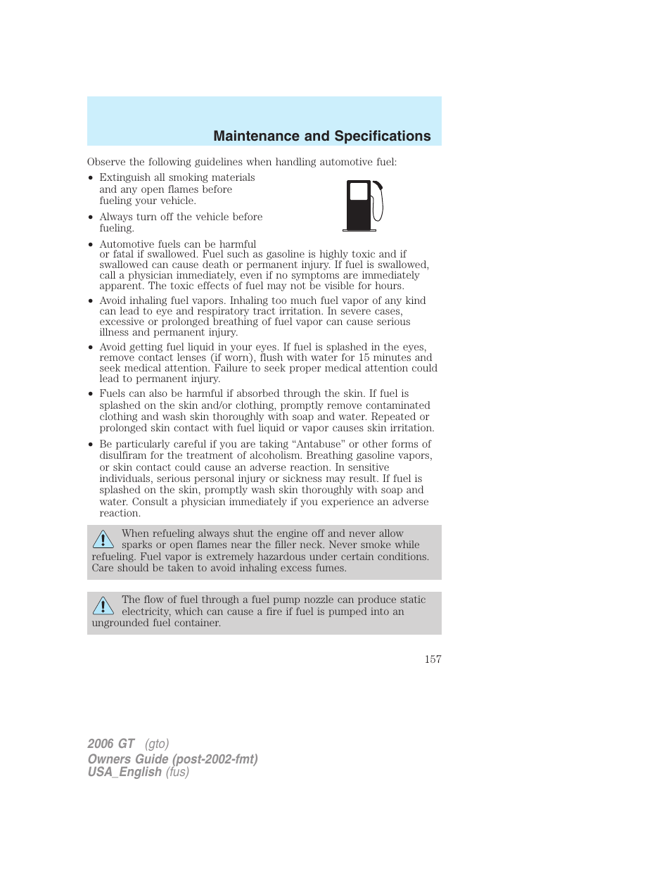 Maintenance and specifications | FORD 2006 GT User Manual | Page 157 / 200