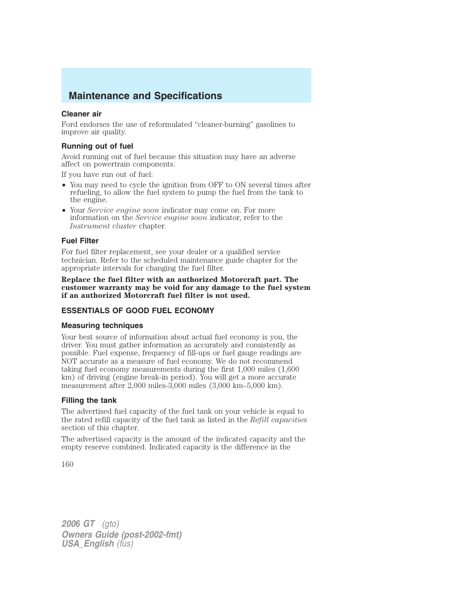 Maintenance and specifications | FORD 2006 GT User Manual | Page 160 / 200