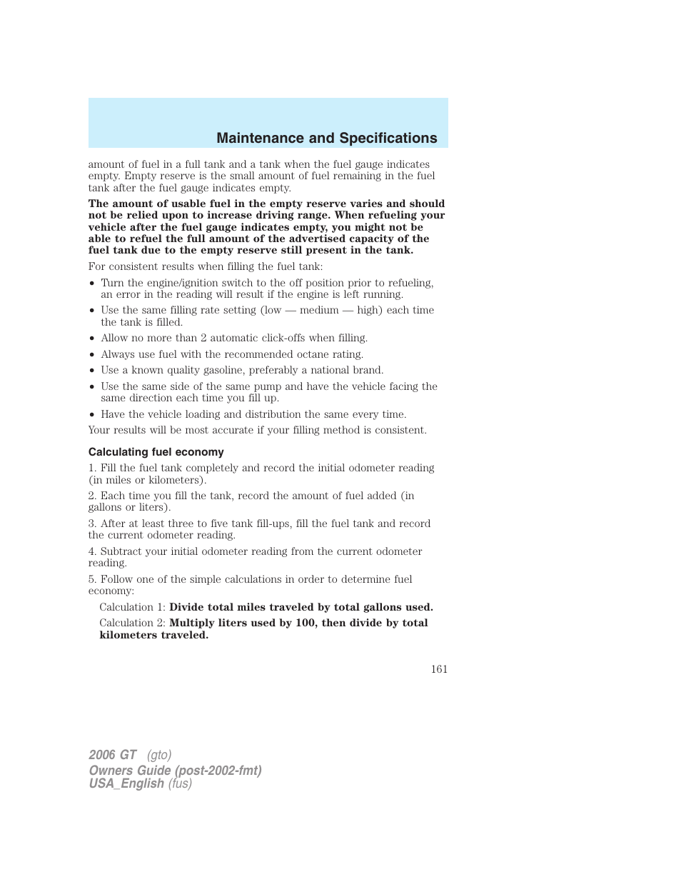 Maintenance and specifications | FORD 2006 GT User Manual | Page 161 / 200
