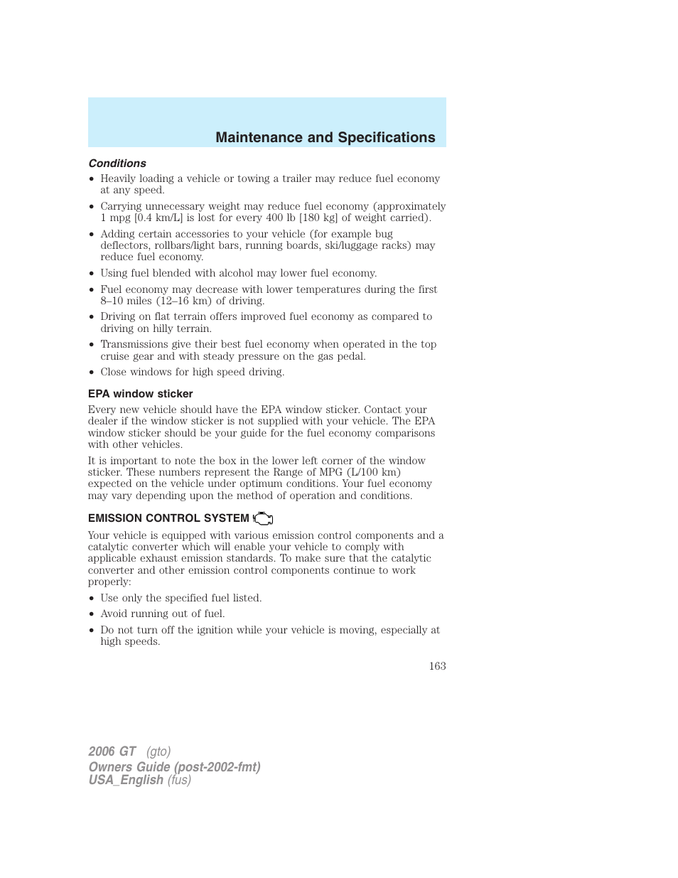 Maintenance and specifications | FORD 2006 GT User Manual | Page 163 / 200
