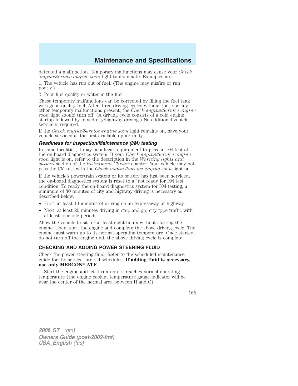 Maintenance and specifications | FORD 2006 GT User Manual | Page 165 / 200