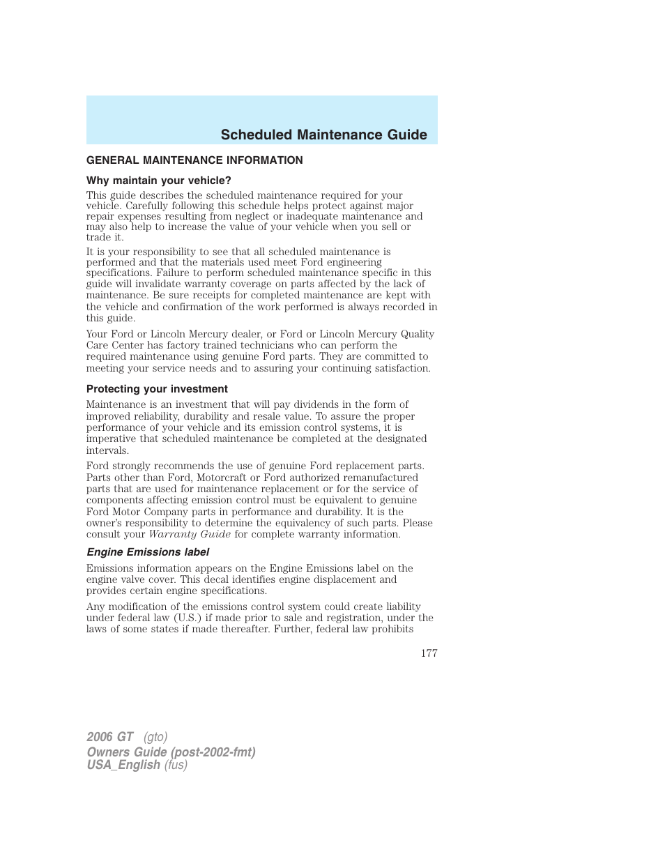 Scheduled maintenance guide | FORD 2006 GT User Manual | Page 177 / 200