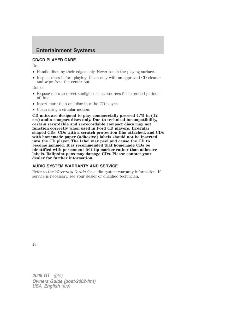 Entertainment systems | FORD 2006 GT User Manual | Page 18 / 200