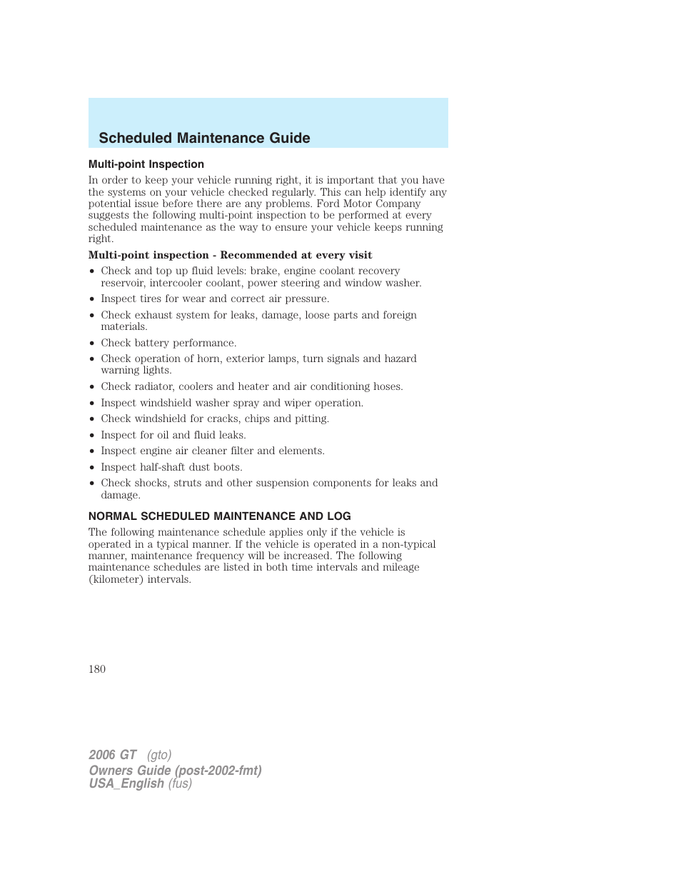 Scheduled maintenance guide | FORD 2006 GT User Manual | Page 180 / 200