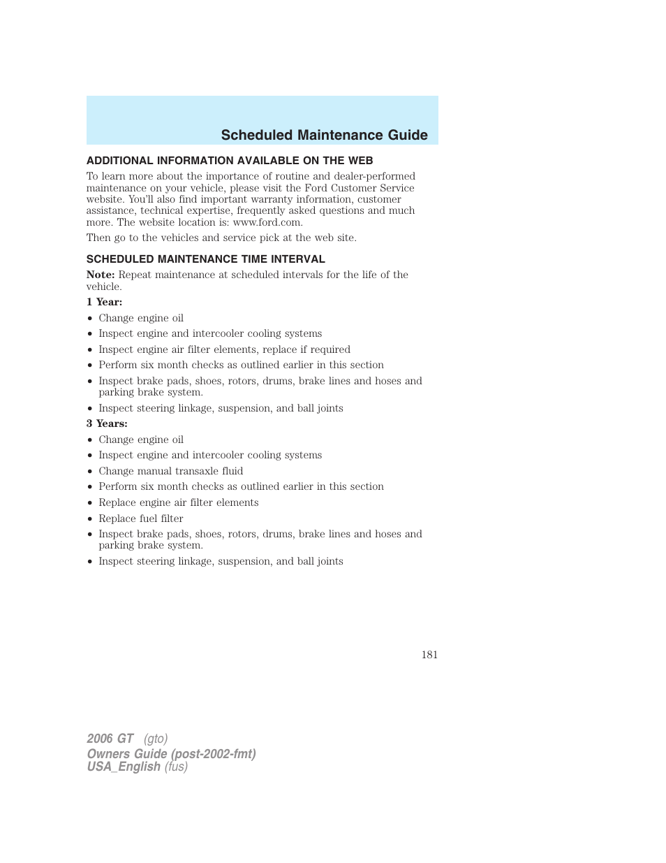 Scheduled maintenance guide | FORD 2006 GT User Manual | Page 181 / 200