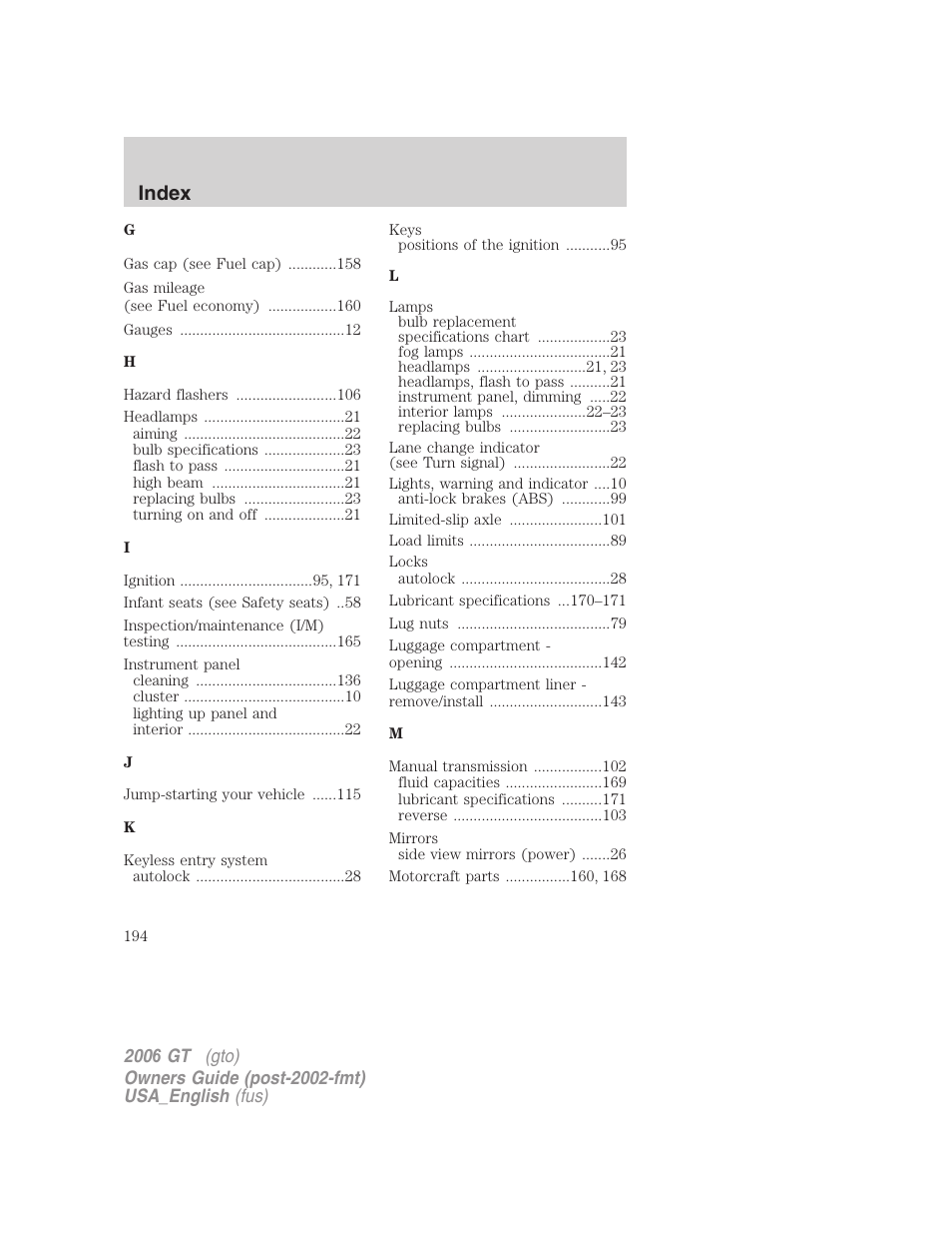 Index | FORD 2006 GT User Manual | Page 194 / 200