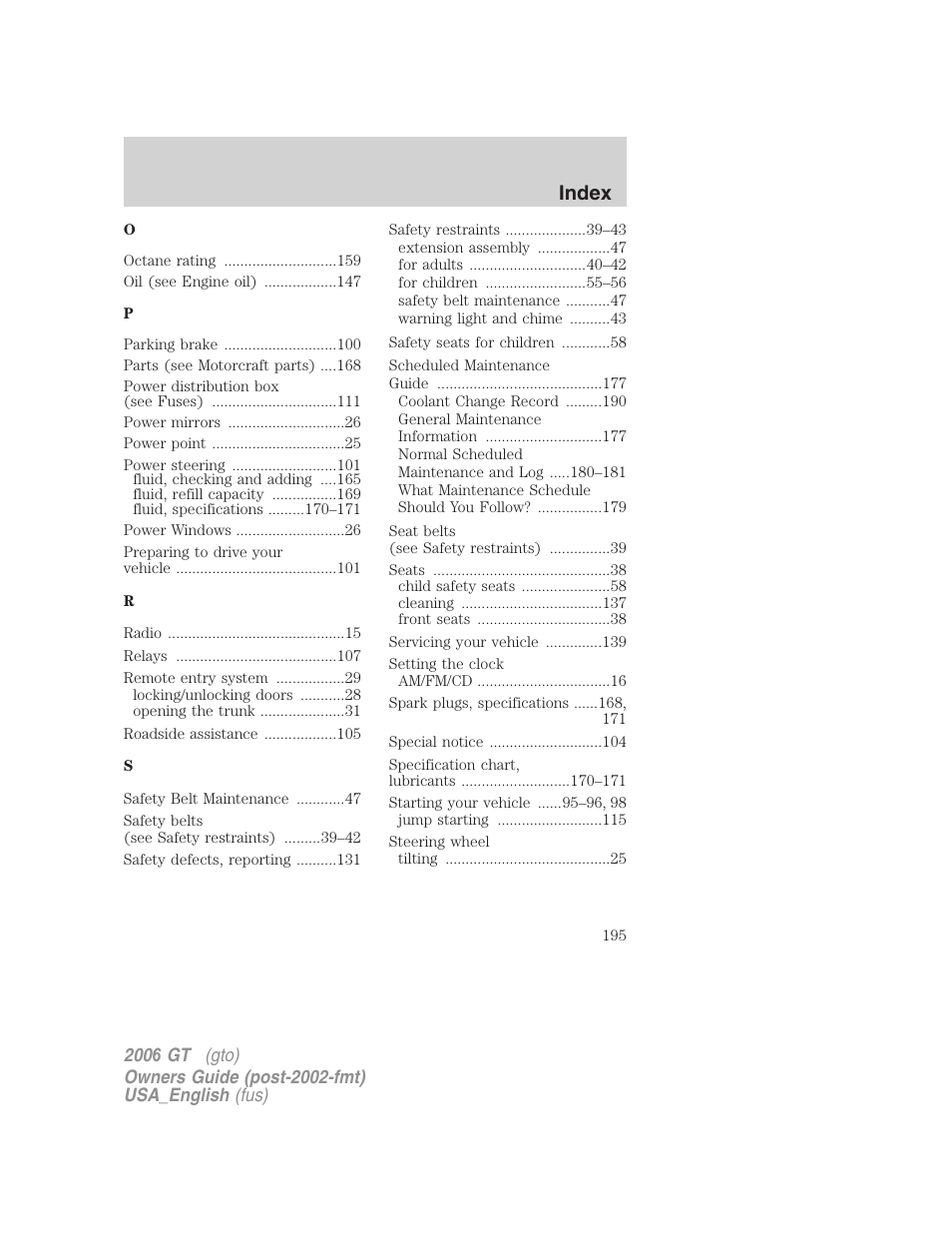 Index | FORD 2006 GT User Manual | Page 195 / 200