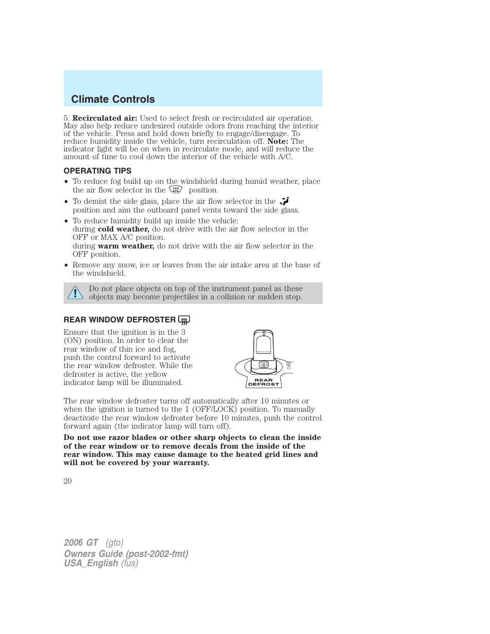 Climate controls | FORD 2006 GT User Manual | Page 20 / 200