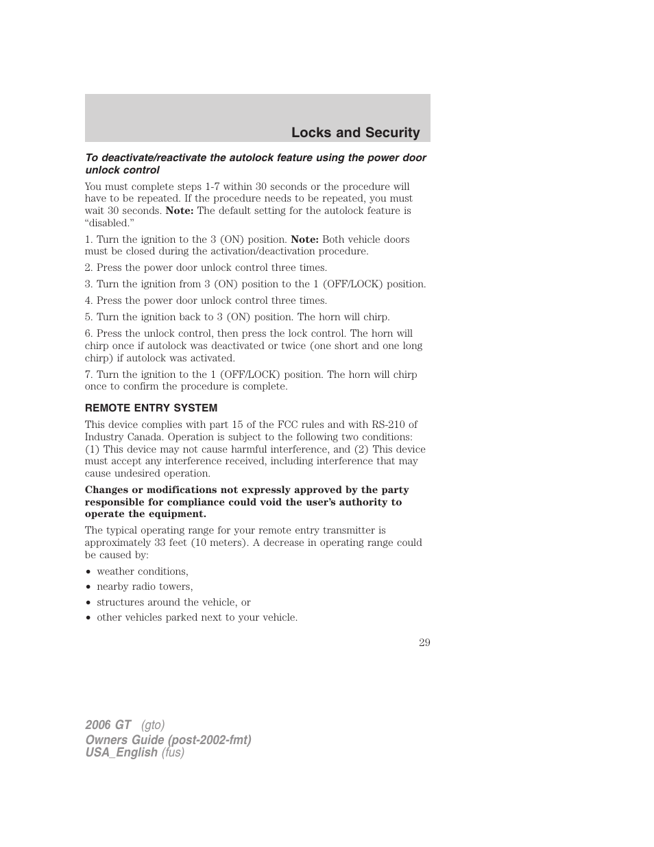 Locks and security | FORD 2006 GT User Manual | Page 29 / 200