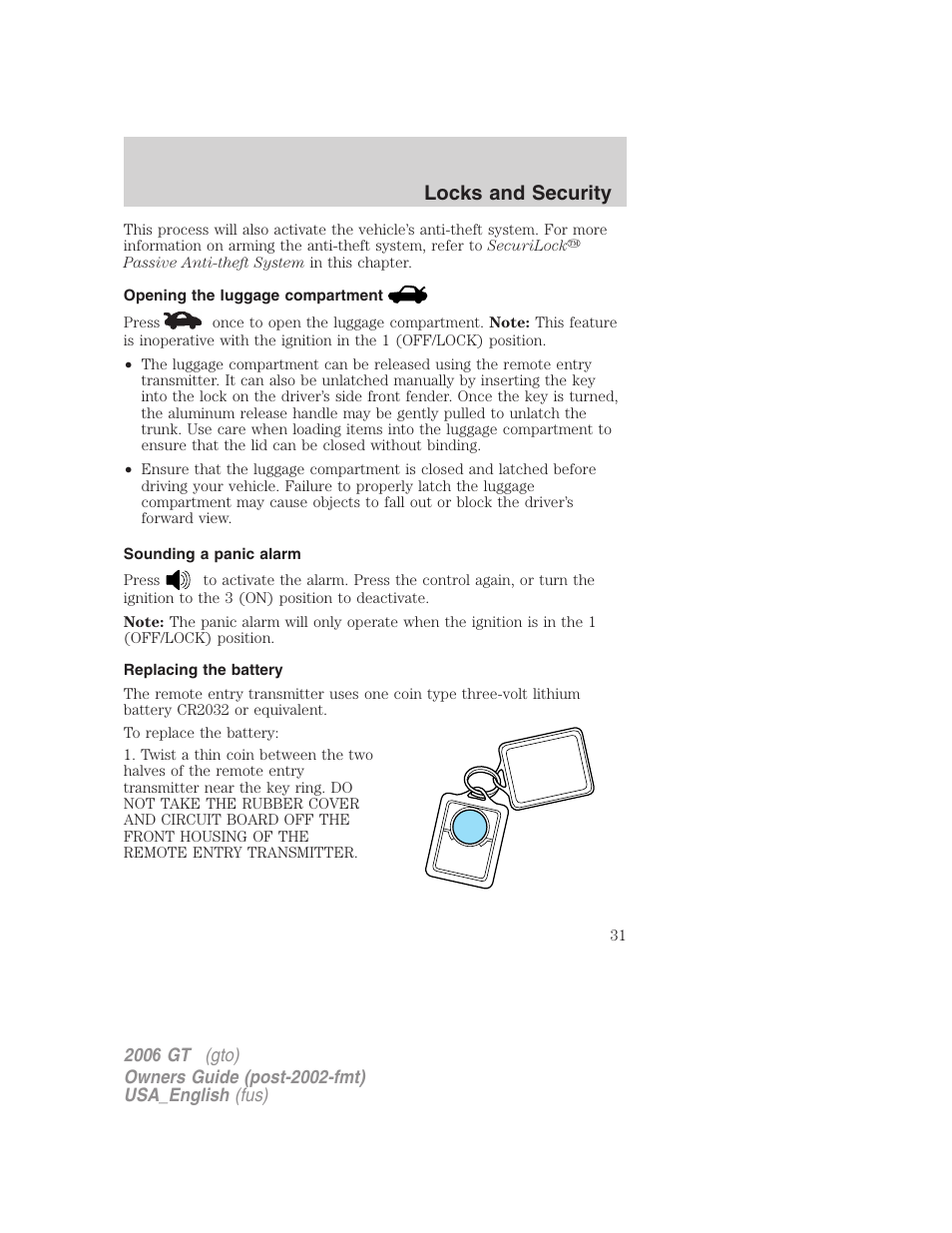 Locks and security | FORD 2006 GT User Manual | Page 31 / 200