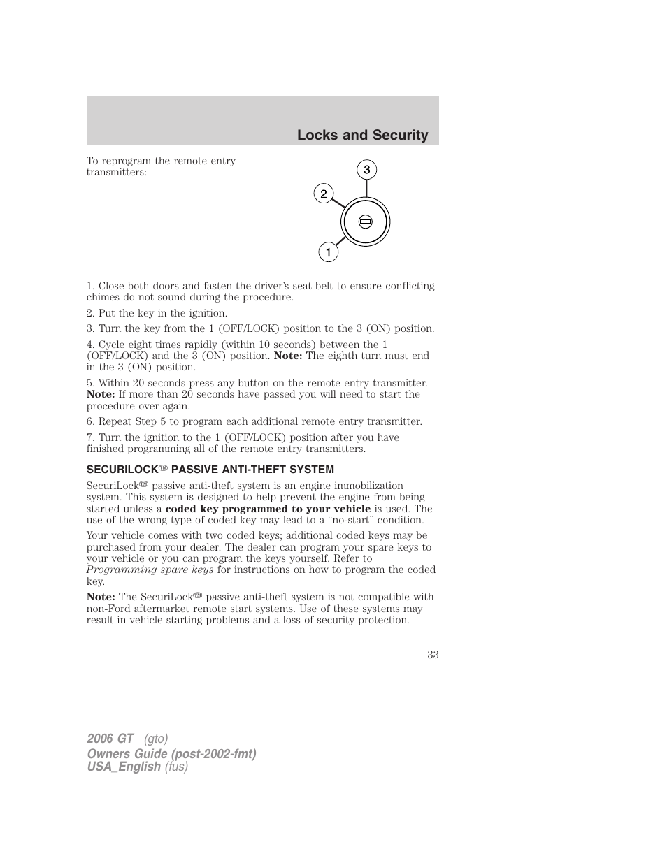 Locks and security | FORD 2006 GT User Manual | Page 33 / 200