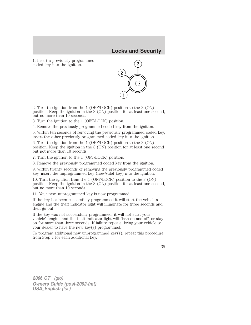 Locks and security | FORD 2006 GT User Manual | Page 35 / 200