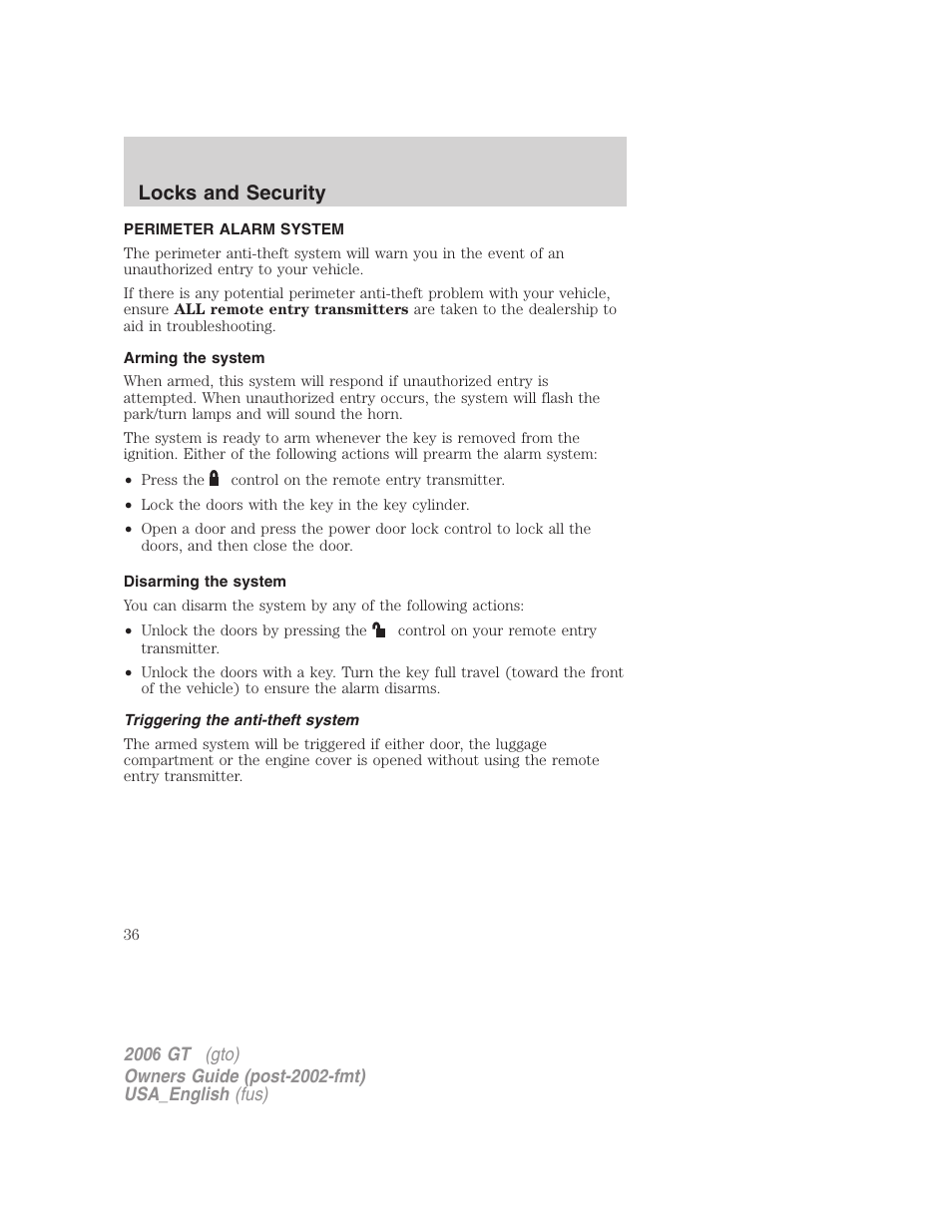 Locks and security | FORD 2006 GT User Manual | Page 36 / 200