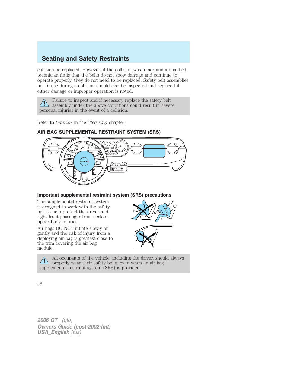 Seating and safety restraints | FORD 2006 GT User Manual | Page 48 / 200