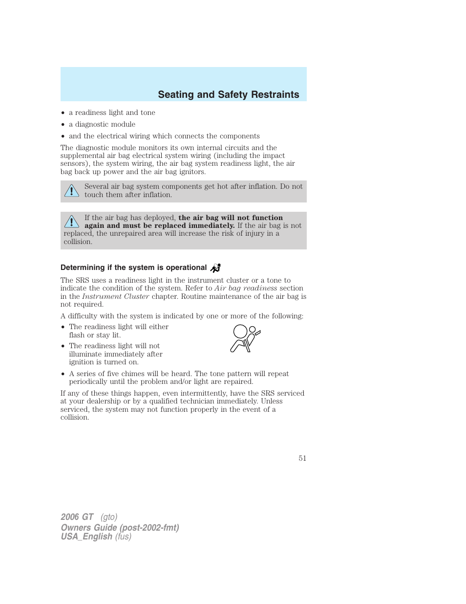 Seating and safety restraints | FORD 2006 GT User Manual | Page 51 / 200