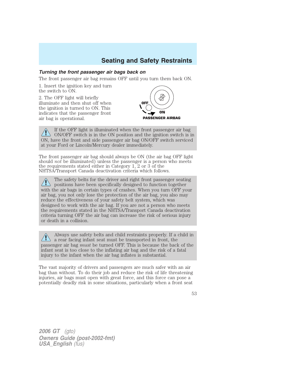 Seating and safety restraints | FORD 2006 GT User Manual | Page 53 / 200