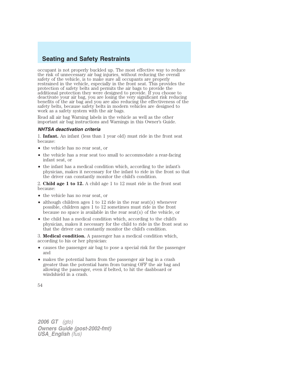 Seating and safety restraints | FORD 2006 GT User Manual | Page 54 / 200