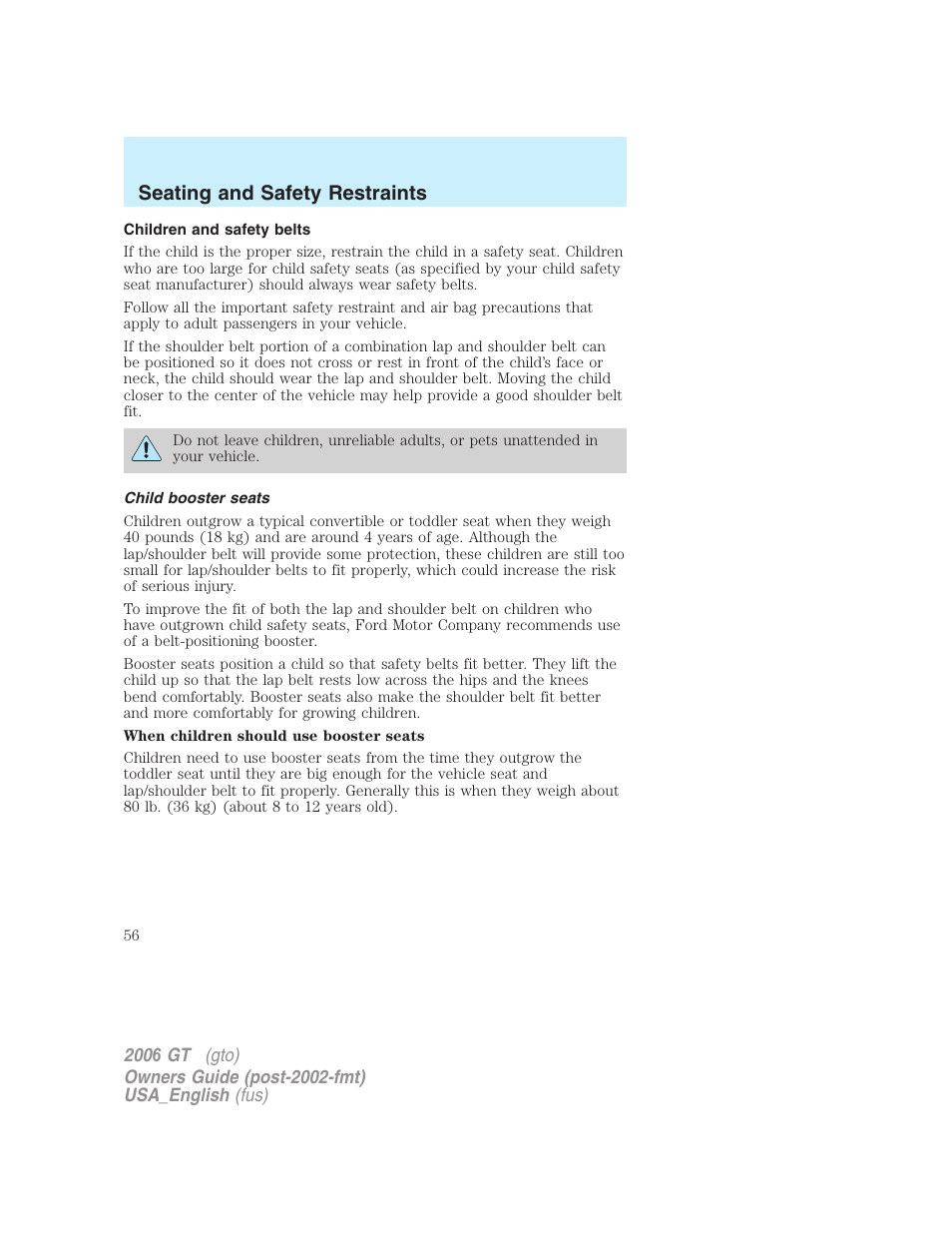 Seating and safety restraints | FORD 2006 GT User Manual | Page 56 / 200