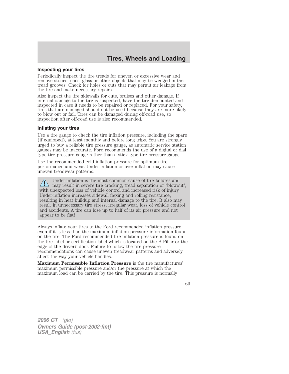 Tires, wheels and loading | FORD 2006 GT User Manual | Page 69 / 200