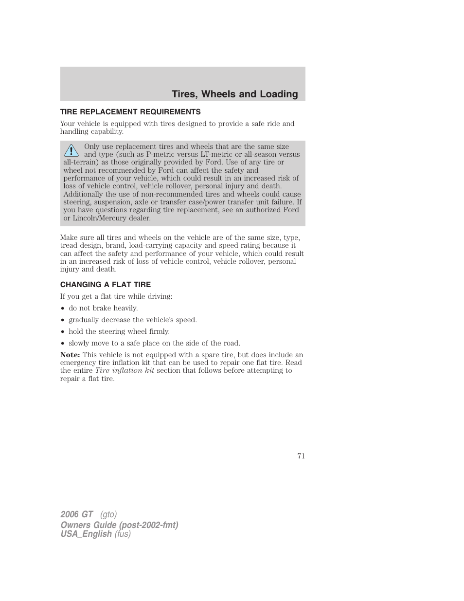 Tires, wheels and loading | FORD 2006 GT User Manual | Page 71 / 200