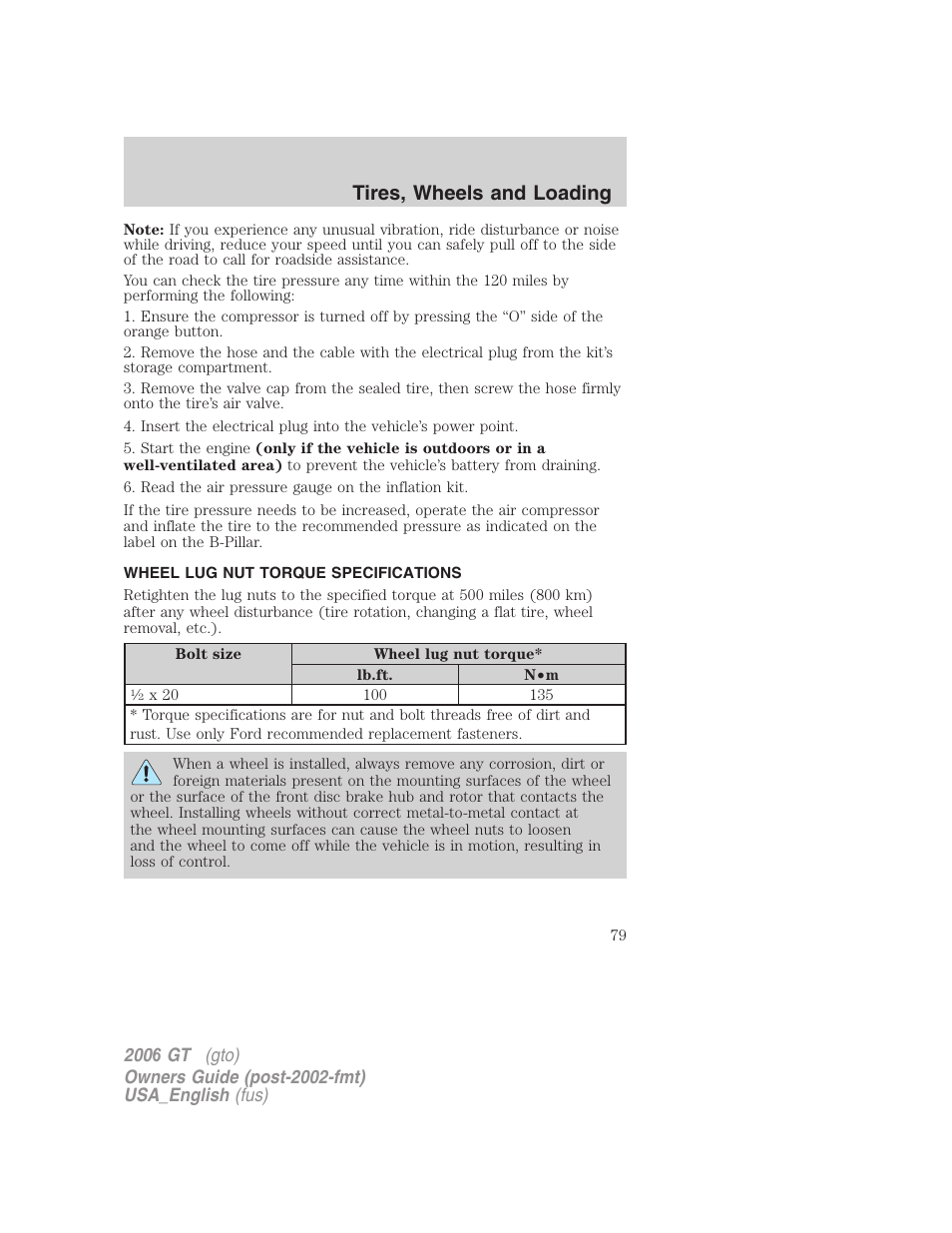 Tires, wheels and loading | FORD 2006 GT User Manual | Page 79 / 200