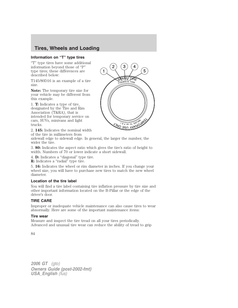 Tires, wheels and loading | FORD 2006 GT User Manual | Page 84 / 200