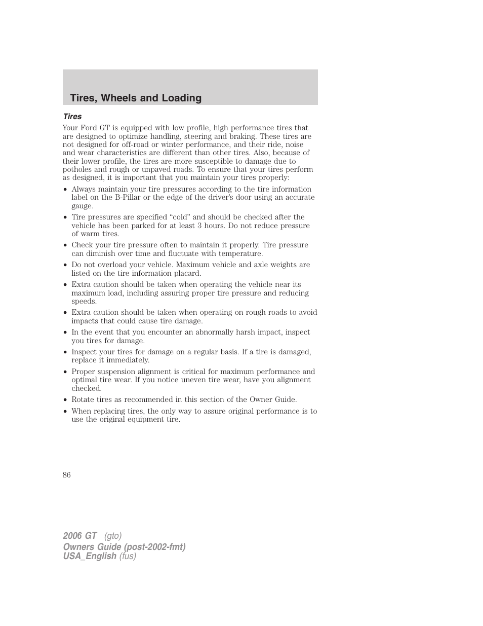 Tires, wheels and loading | FORD 2006 GT User Manual | Page 86 / 200