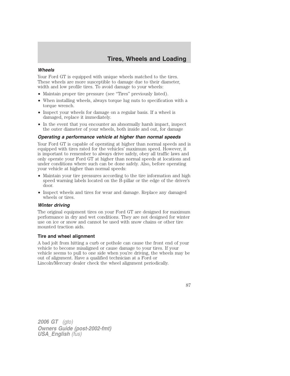 Tires, wheels and loading | FORD 2006 GT User Manual | Page 87 / 200