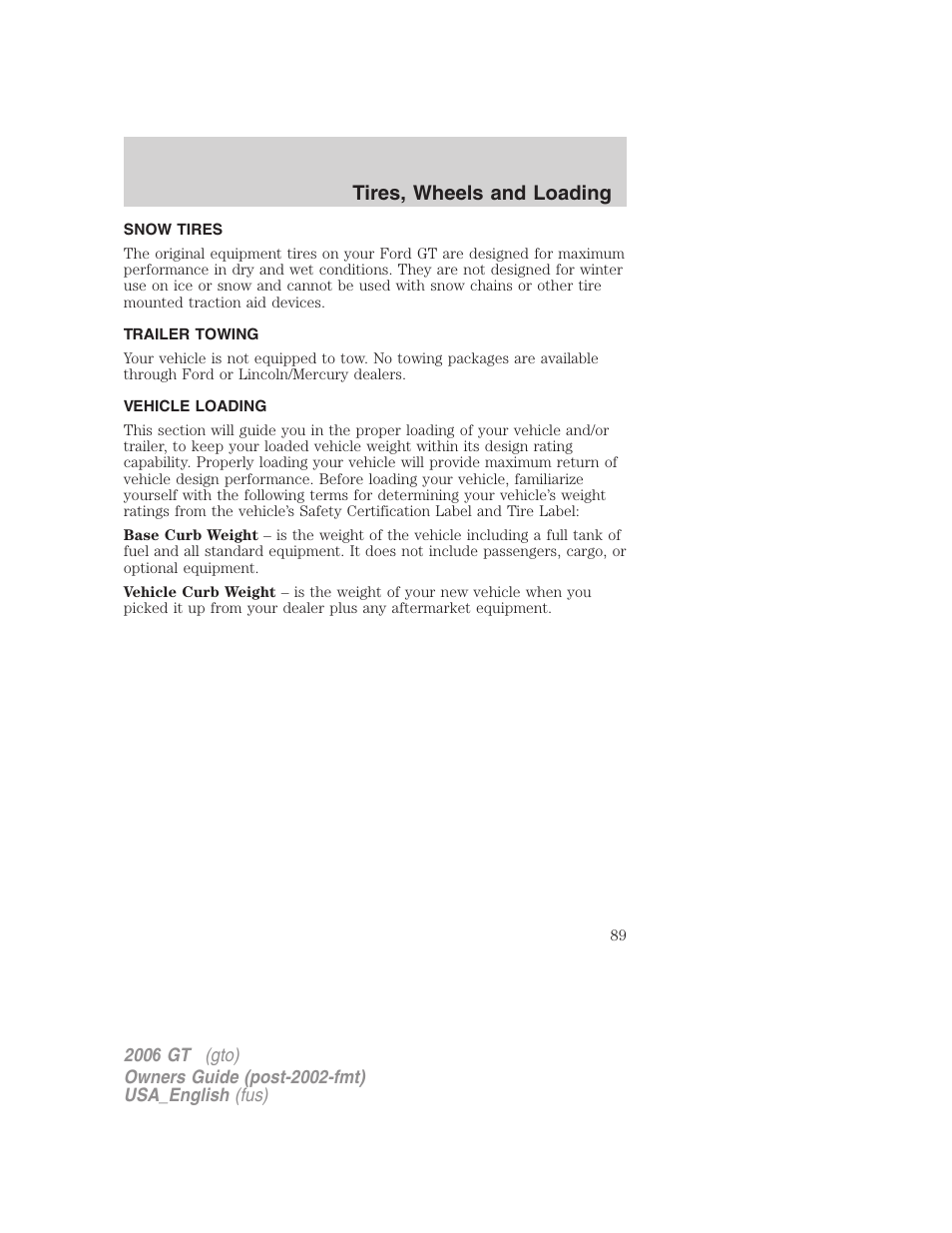 Tires, wheels and loading | FORD 2006 GT User Manual | Page 89 / 200