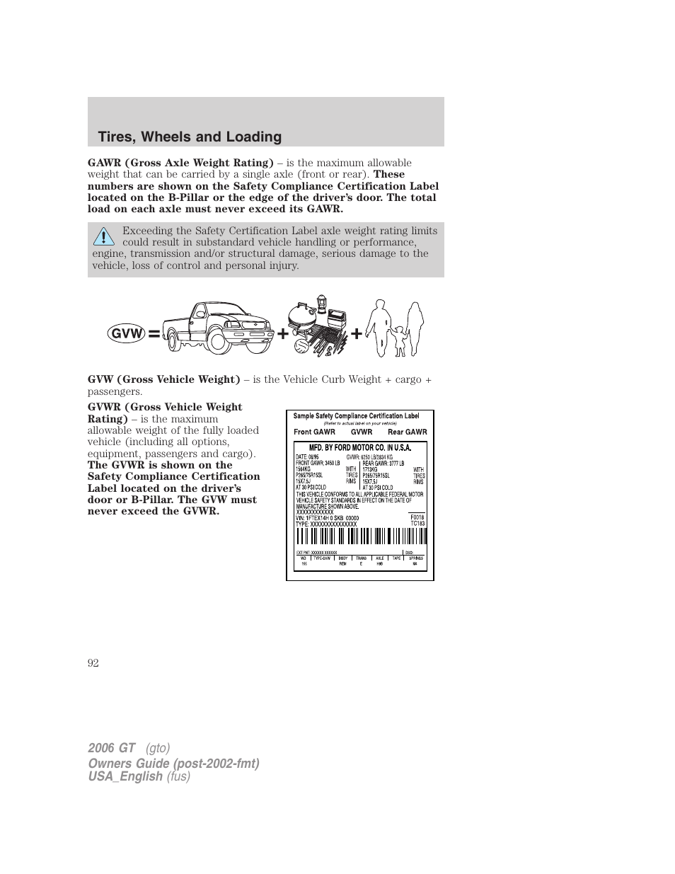 Tires, wheels and loading | FORD 2006 GT User Manual | Page 92 / 200