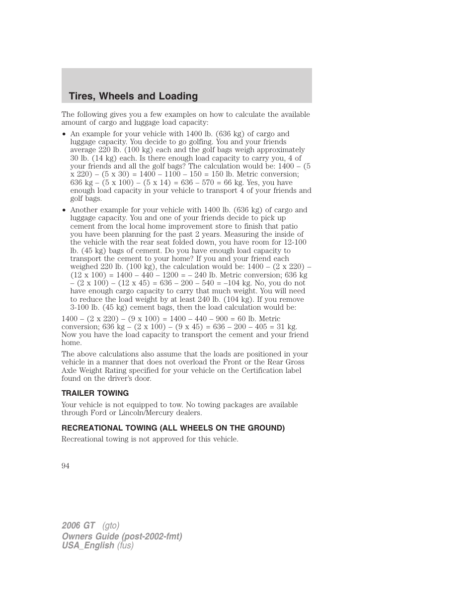 Tires, wheels and loading | FORD 2006 GT User Manual | Page 94 / 200