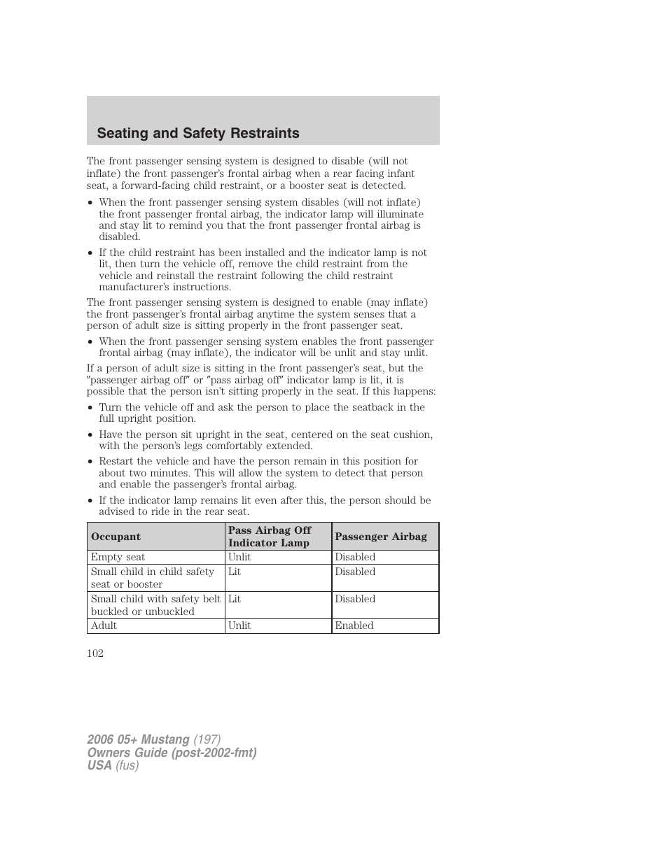 Seating and safety restraints | FORD 2006 Mustang v.1 User Manual | Page 102 / 248