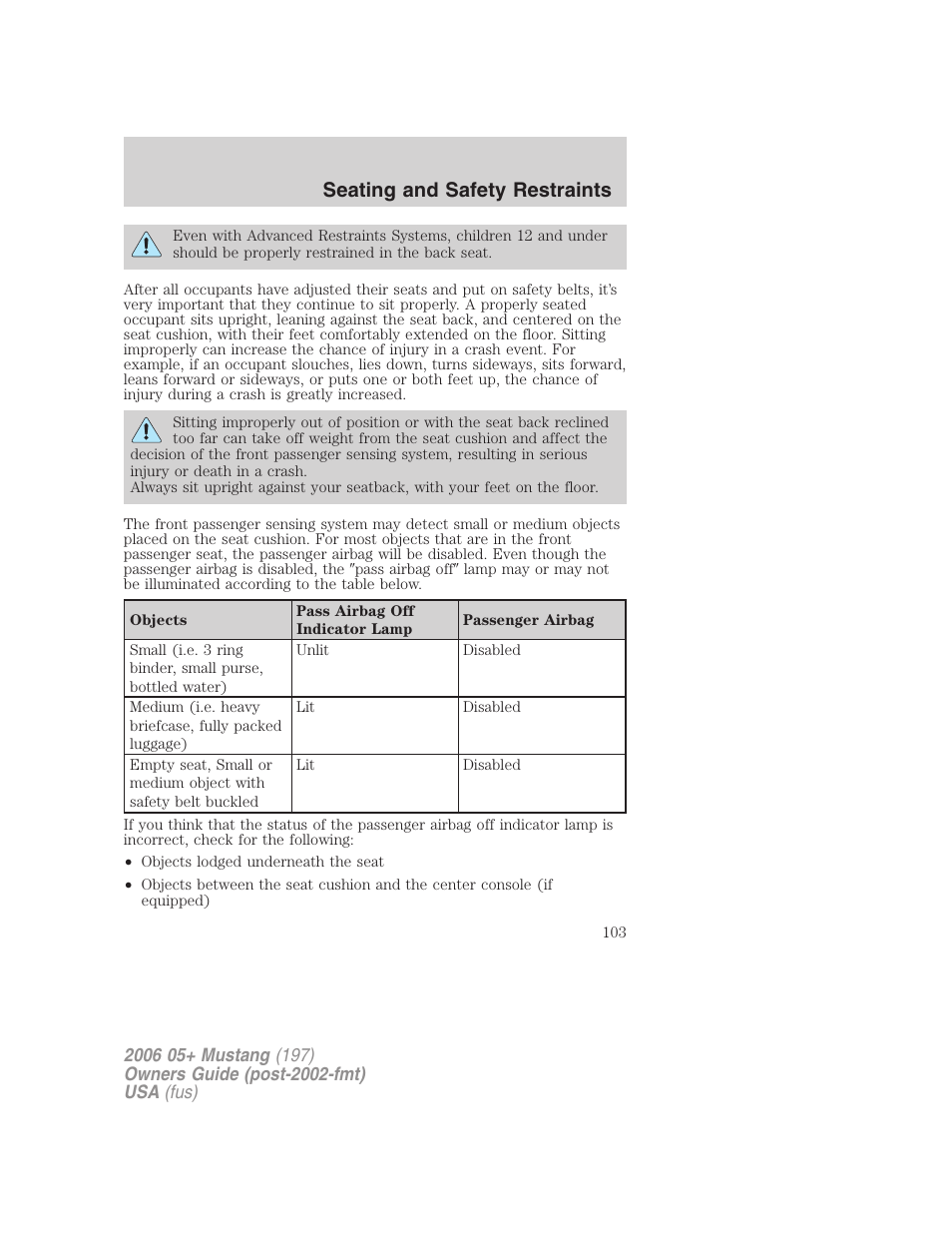 Seating and safety restraints | FORD 2006 Mustang v.1 User Manual | Page 103 / 248