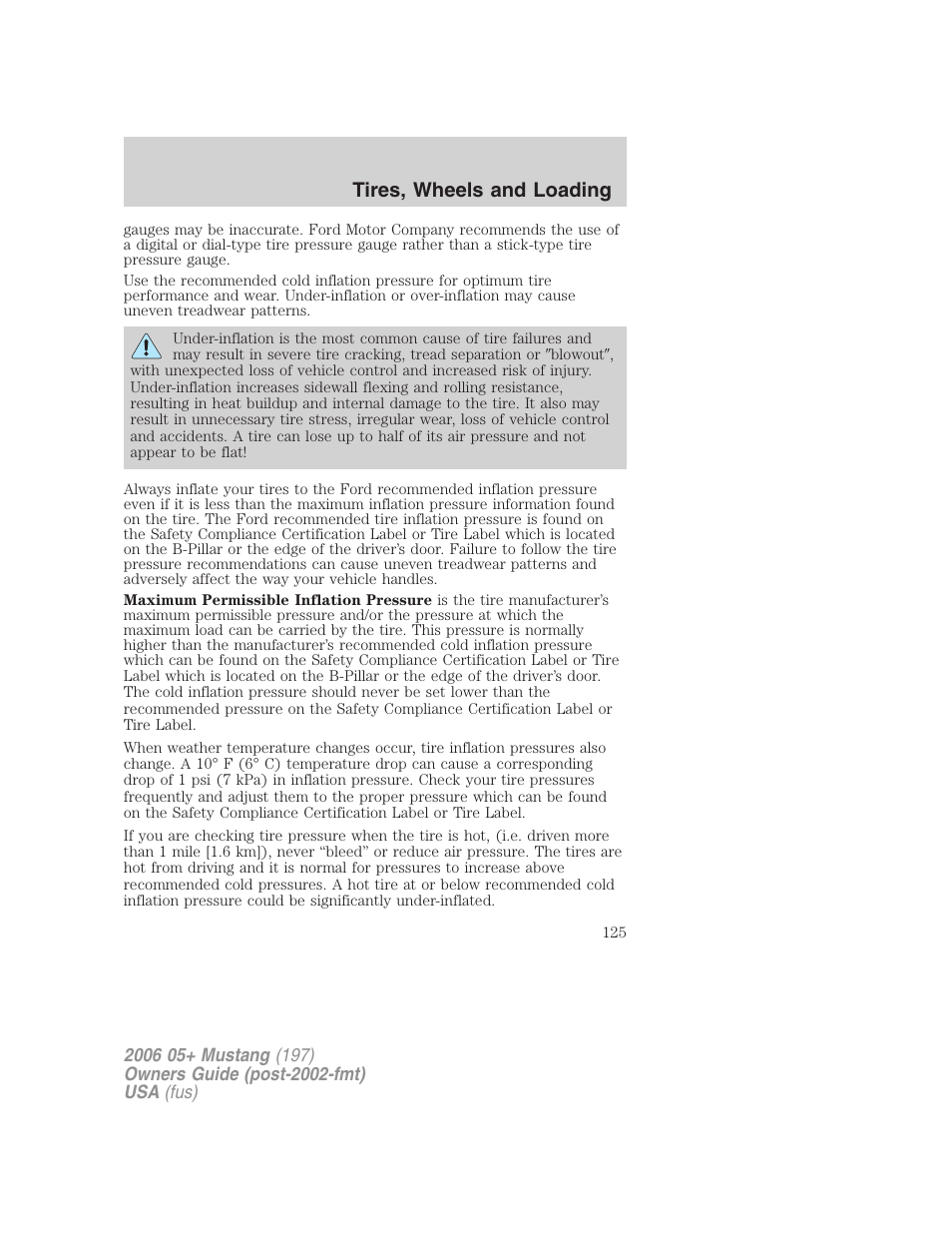 Tires, wheels and loading | FORD 2006 Mustang v.1 User Manual | Page 125 / 248