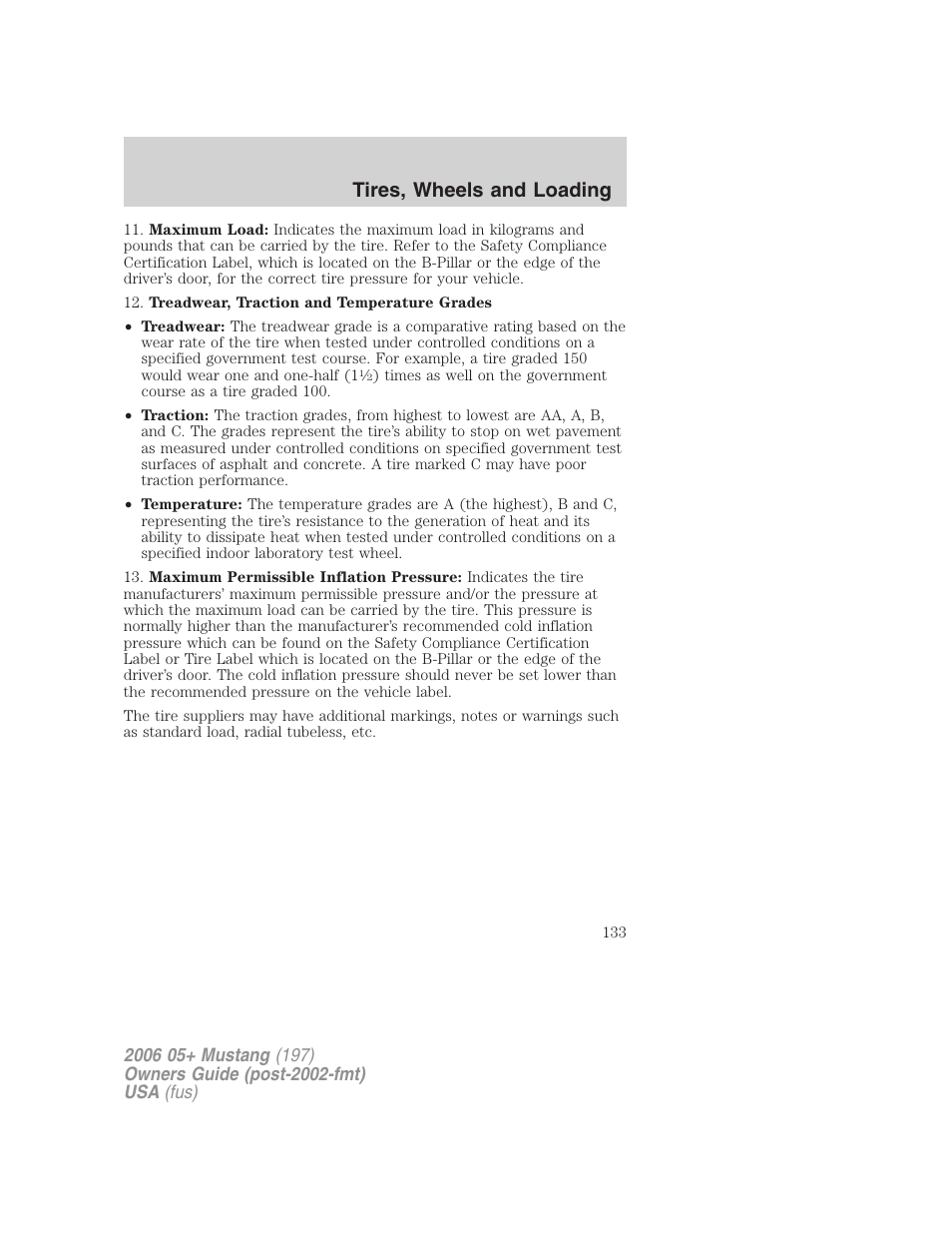 Tires, wheels and loading | FORD 2006 Mustang v.1 User Manual | Page 133 / 248