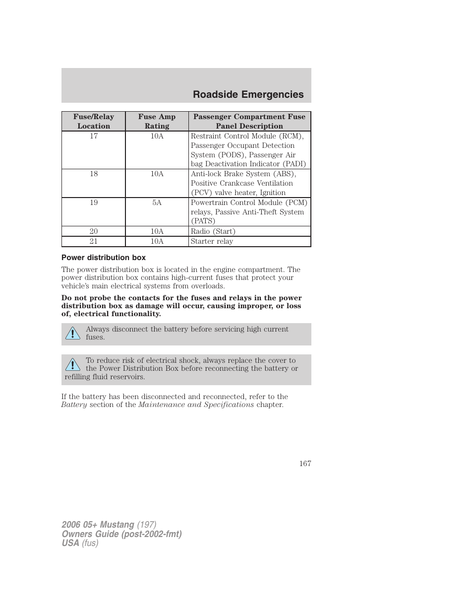 Power distribution box, Roadside emergencies | FORD 2006 Mustang v.1 User Manual | Page 167 / 248