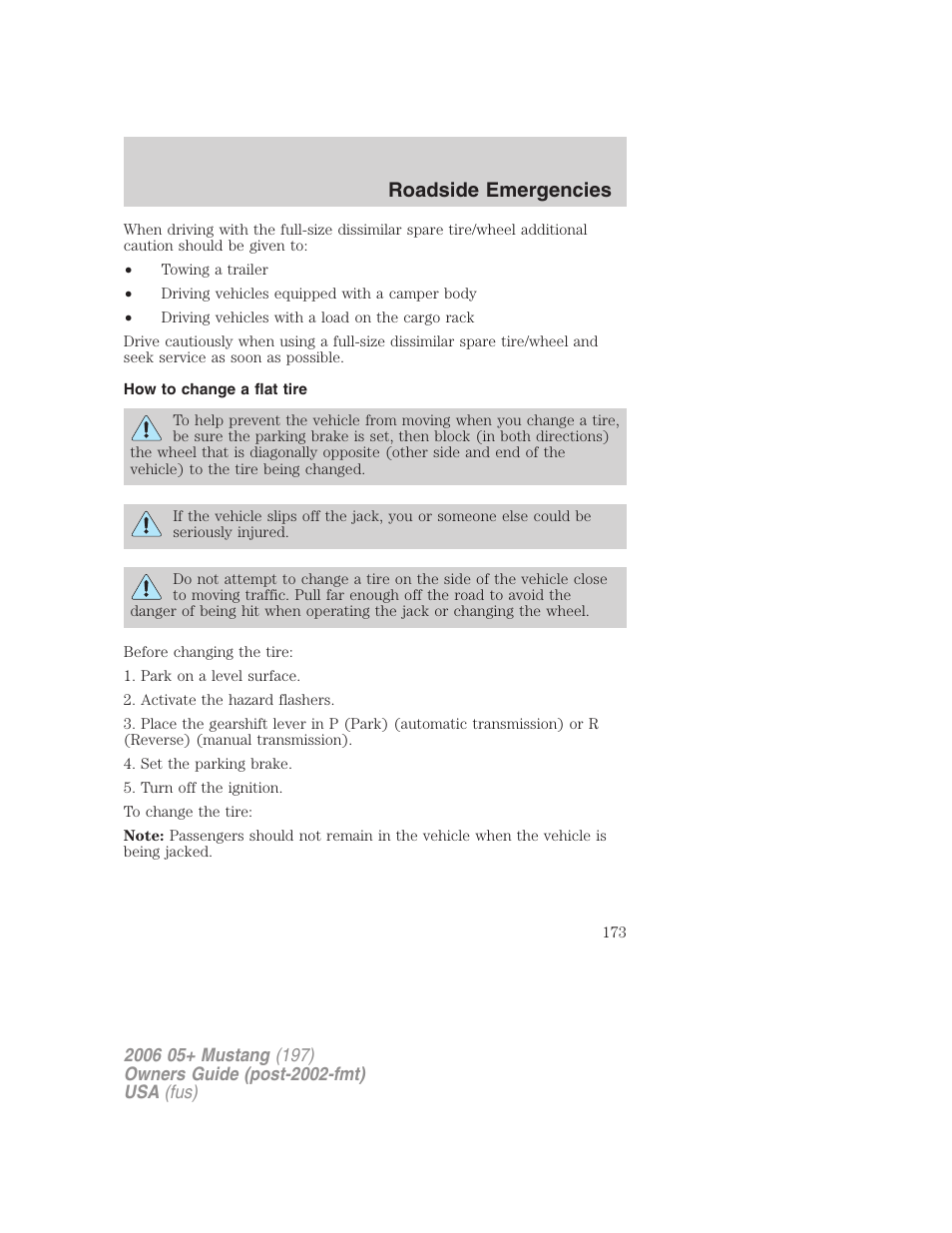 How to change a flat tire, Roadside emergencies | FORD 2006 Mustang v.1 User Manual | Page 173 / 248